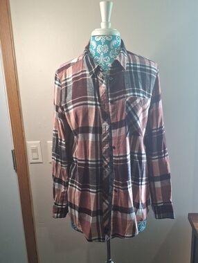 Arizona Jean Company Women's Plaid Button-Down Shirt in Burgundy and Pink